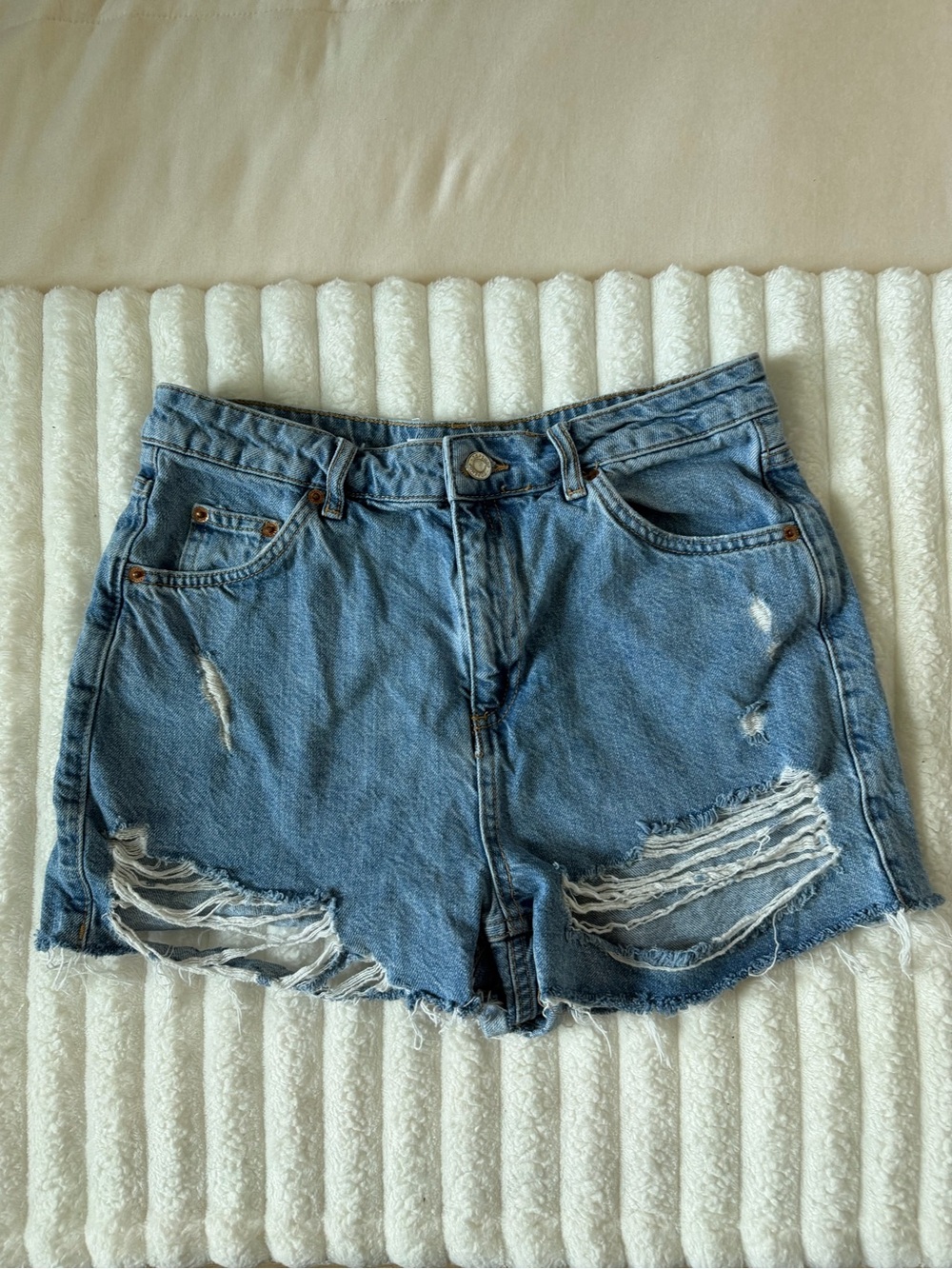 Topshop Distressed High-Waist Denim Shorts - Blue